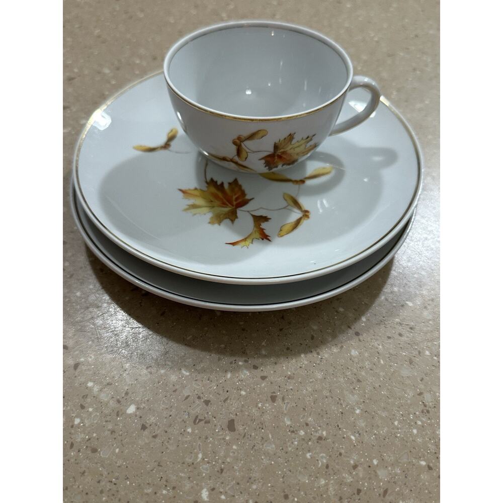 Gerhen VEB Handgemelt Porcelain Teacup And 2 Small Plates Fall Leaves